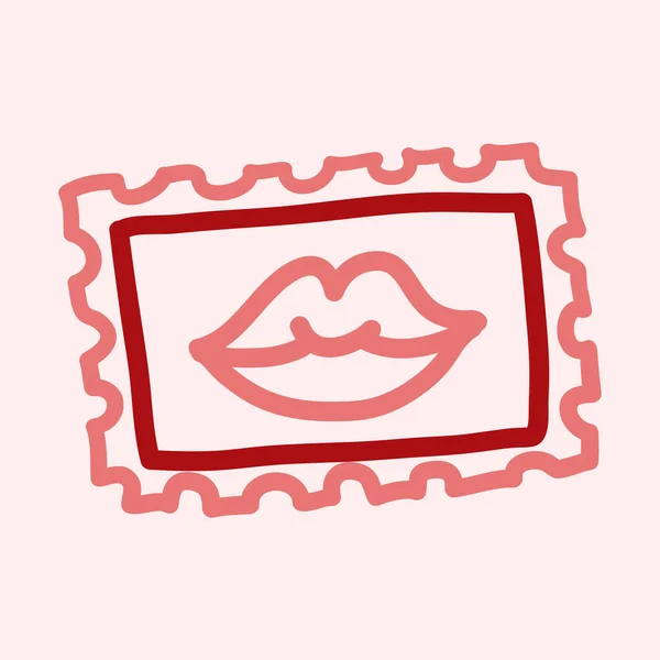 Valentines Day theme doodle Vector icon of hand drawn mail postage stamp with lips shape isolated on a pink — Stock Vector