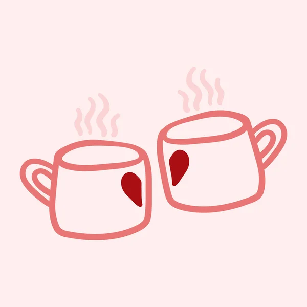 Valentines Day theme doodle Vector icon of hand drawn two cups of tea of coffee with heart shape isolated on a pink — Stock Vector