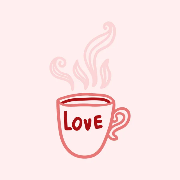 Valentines Day theme doodle Vector icon of hand drawn cup of tea of coffee with text love isolated on a pink — Stock Vector