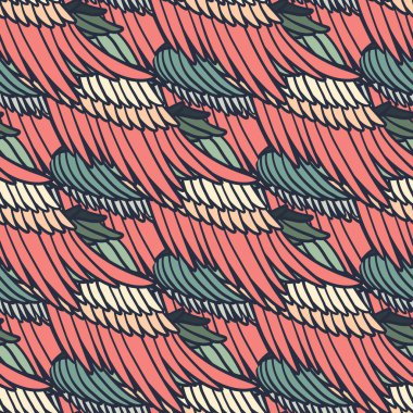 El yapımı kanat tüyleri olan klasik, dikişsiz psikedelik desen. karalama çizimi