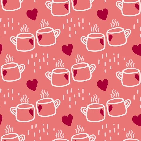 Día de San Valentín tema garabato Vector patrón sin costura de mano dibujado dos tazas de té de café con forma de corazón — Vector de stock