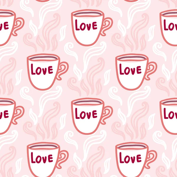 Día de San Valentín tema garabato Vector patrón sin costura de mano dibujado dos tazas de té de café con forma de corazón — Vector de stock