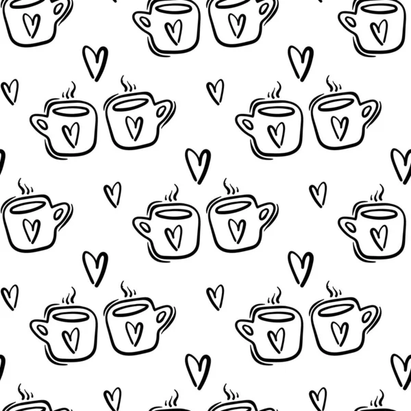 День святого Валентина тема каракули Вектор бесшовный узор руки нарисованы две чашки чая кофе с сердечной формы — стоковый вектор