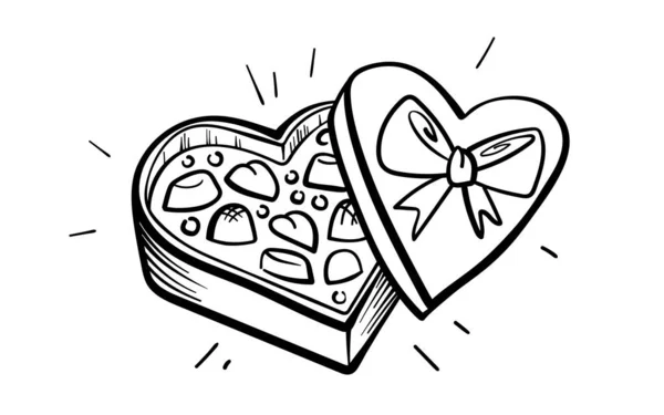 Dibujo dibujado a mano de la caja de dulces de chocolate sobre un fondo blanco. Día de San Valentín. Caja de dulces para el día de San Valentín — Archivo Imágenes Vectoriales