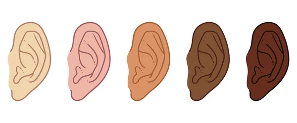 Set van met de hand getrokken oorschets Symbool met verschillende huidskleur. Vector Luister Element In doodle Stijl afgebeeld op wit — Stockvector