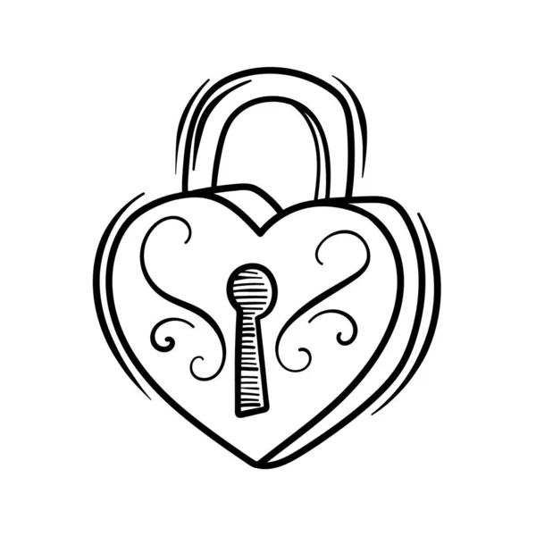 Valentines thème doodle icône vectorielle de serrure dessinée à la main avec forme de coeur isolé sur blanc — Image vectorielle