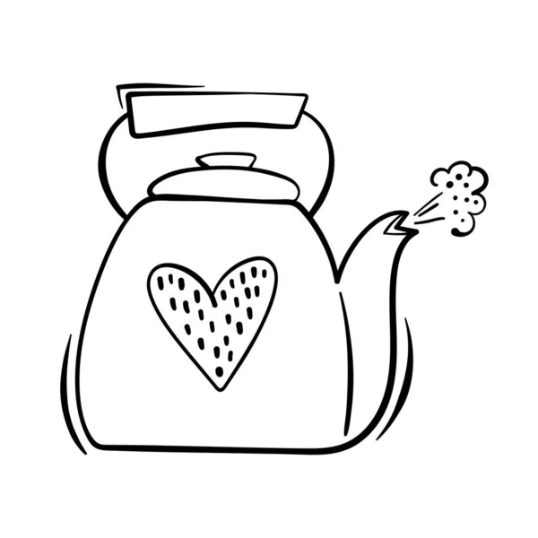 Valentines Day theme doodle Vector icon of hand drawn teapot with heart shape isolated on a white — Stock Vector