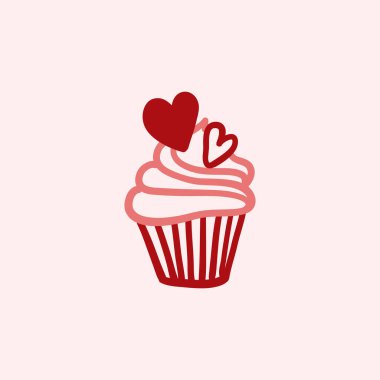 Sevgililer Günü için Doodle Cupcake. Kutlama kartları, pankartlar, davetiyeler için kalplerle el çizimi vektör ögesi.