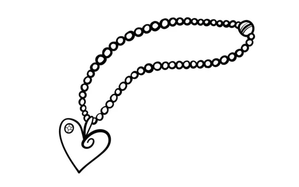 Collier perle avec pendentif en forme de coeur dans le style doodle. Illustration vectorielle dessinée à la main isolée sur fond blanc. — Image vectorielle