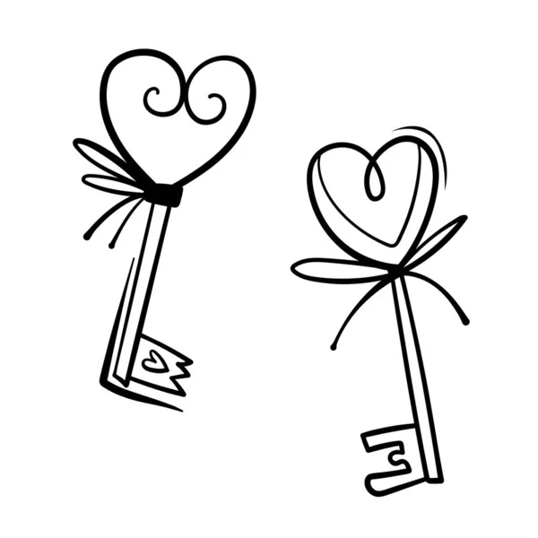 Valentines thème doodle icône vectorielle de clé dessinée à la main avec forme de coeur isolé sur un blanc — Image vectorielle