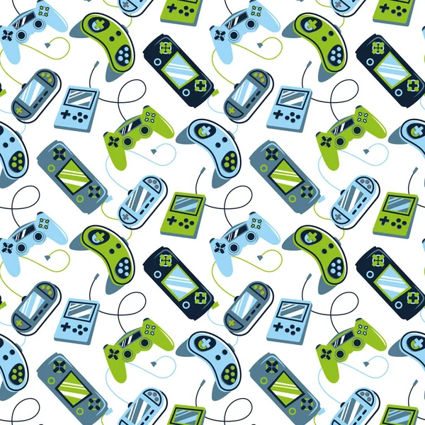 Sömlöst ljust mönster med joysticks. Video spel controller spel cool print för pojkar och flickor. Tryck för textil, sportkläder — Stock vektor