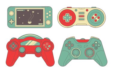joystickli kusursuz parlak set. Video oyunu denetleyicisi, kızlar ve erkekler için havalı bir baskı yapıyor. Tekstil ve spor kıyafetleri için yazdır