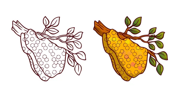 Medová ručně kreslené dekorativní ikony s úly. Barva a čára izolované vektorové inl ilustrace — Stockový vektor