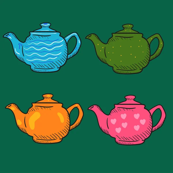 Vier gekleurde cartoon Theepot Doodle — Stockvector