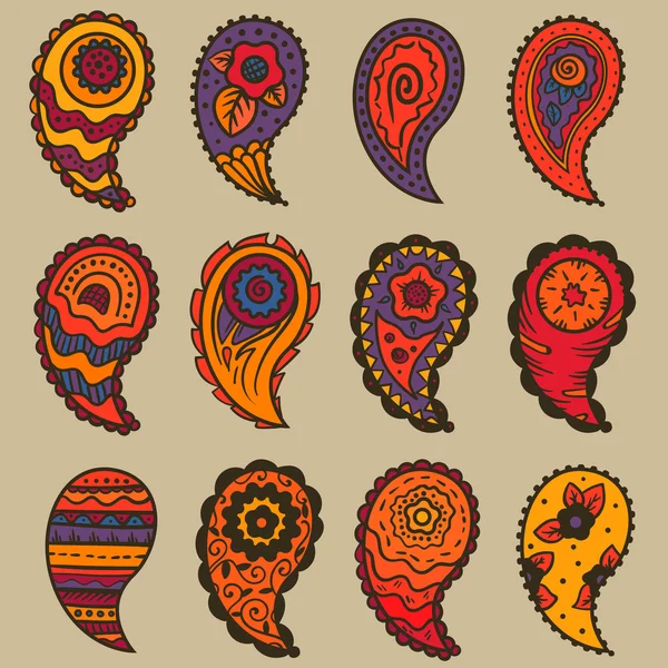 九个温暖的颜色佩斯利装饰元素 — 图库矢量图片