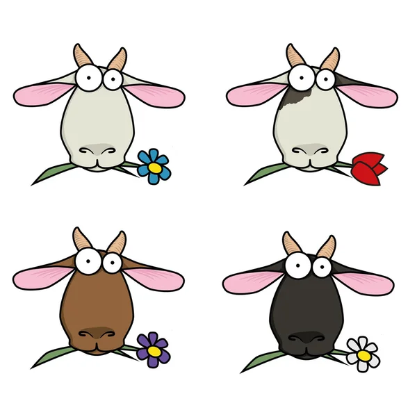 Slip sztuka śmieszne twarz różnych kozy, które żuć kwiaty. — Wektor stockowy