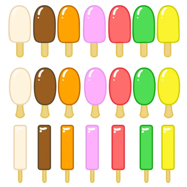 Conjunto com sorvete de desenhos animados coloridos no pau —  Vetores de Stock