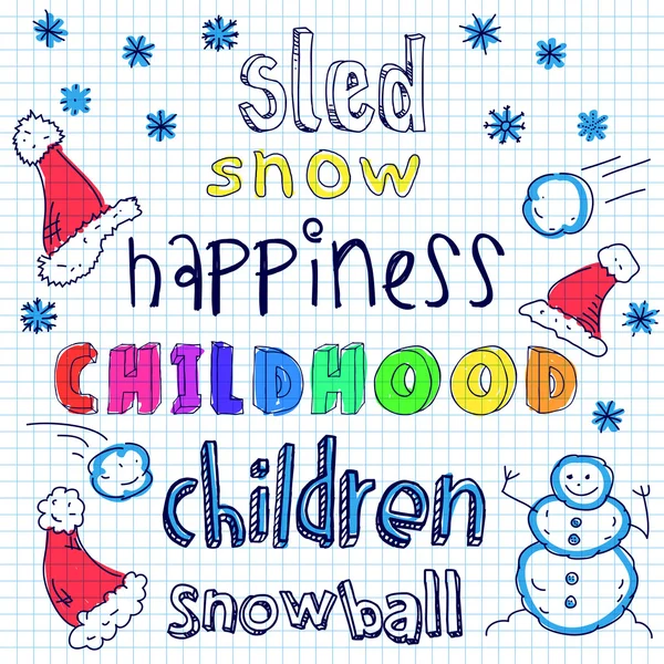 Doodle words snow happiness — Stock Vector