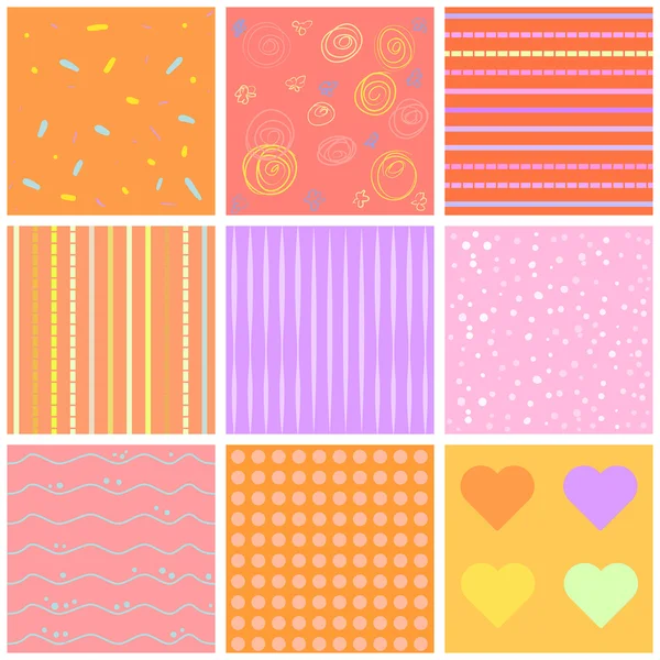 Cute different seamless patterns. Pink and white. Endless texture can be used for sweet romantic wallpaper, pattern fill, web page background, surface textures. — Stock Vector