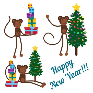 maymun yılı. Üç hediye ve Noel ağaçları ile maymunlar