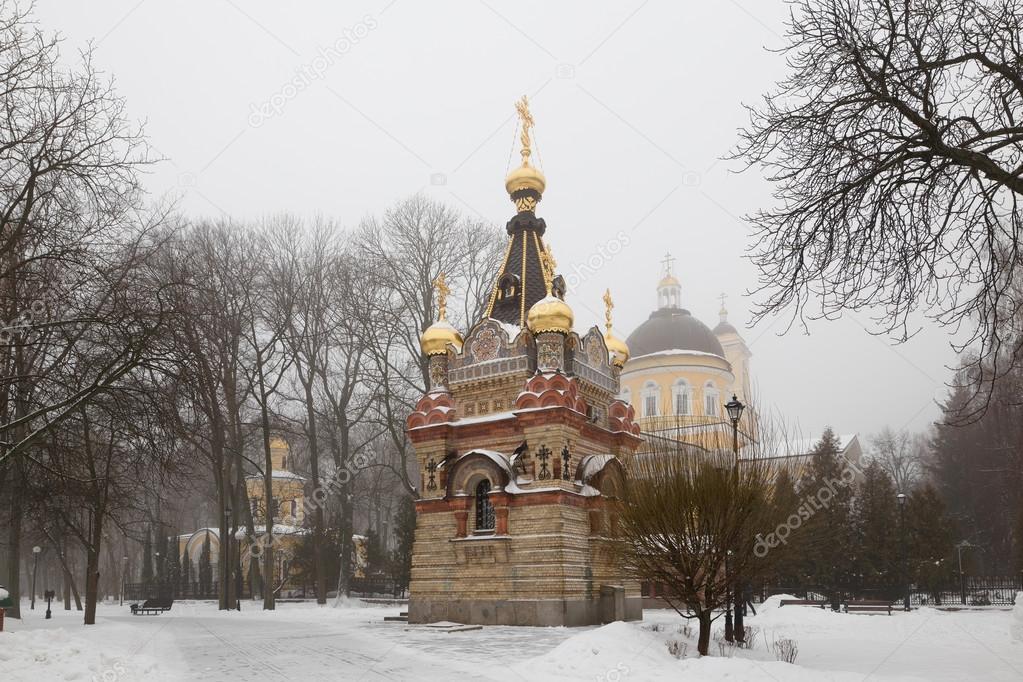 Bridge leading to the Peter and Paul Cathedral and chapel-tomb of Paskevich in city park in Gomel, Belarus. Winter