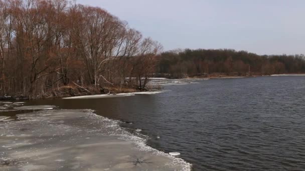 Fragmentos de hielo bajo una fina capa de agua congelada del río . — Vídeos de Stock