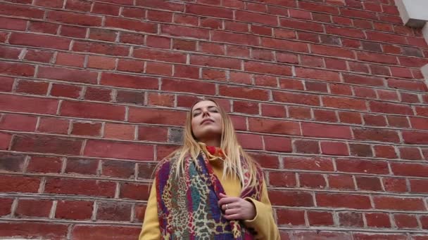 Portrait of young happy woman by the brick wall — Stock Video