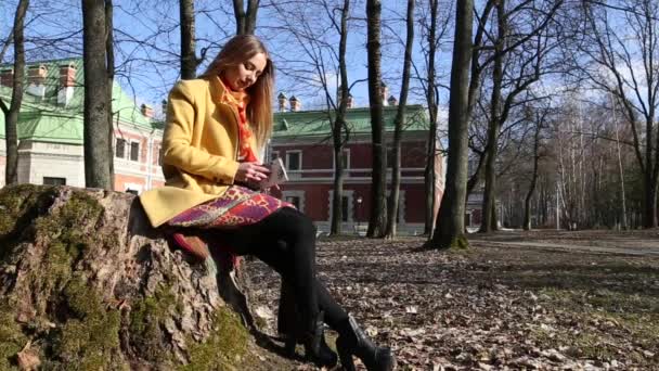 Joven sentada en un viejo parque del castillo y leyendo un libro en el — Vídeo de stock