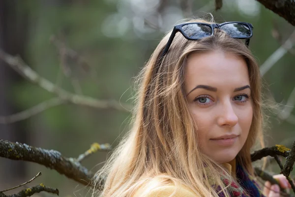 Niña linda caminando por el bosque. Primavera, sol, retrato, bosques cálidos . — Foto de Stock