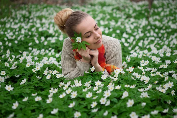Hermosa dama sensual acostada en el prado de flores — Foto de Stock