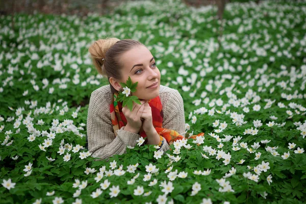아름 다운 관능적인 아가씨 꽃 초원에 누워 — 스톡 사진