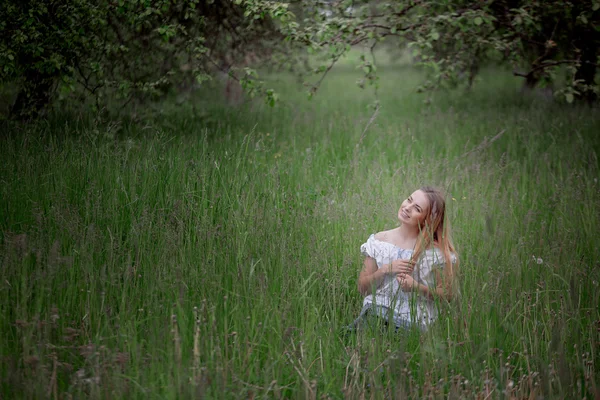 Mladá žena se na sběr jablek z jabloně žebříku — Stock fotografie