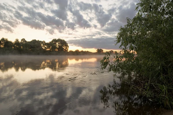 Το καλοκαίρι. Νωρίς το πρωί. Ανατολή του ηλίου. Επιφάνεια καθρέφτη της λίμνης με μια ελαφριά ομίχλη της ομίχλης. — Φωτογραφία Αρχείου