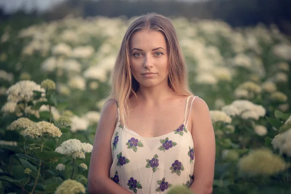 Jeune belle femme dans les rayons chauds de la soirée soleil walkin — Photo