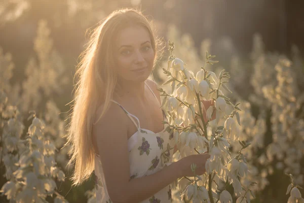 Princesse. Jeune belle jolie femme posant en robe longue contre dans le domaine avec des fleurs blanches — Photo