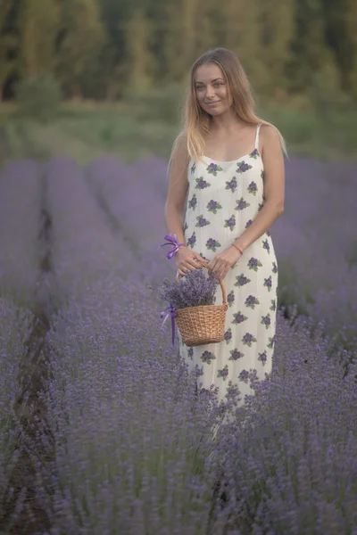 Ragazza sorridente che annusa fiori in un campo di lavanda — Foto Stock