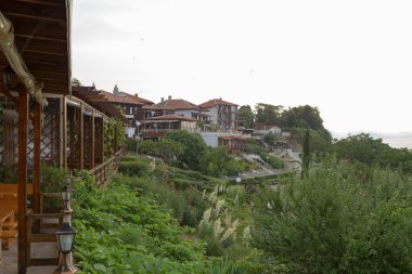 Nessebar, Bulgaristan, Haziran 20, 2016: mimari çözümler Nessebar eski kasaba binalar. yerleşim.