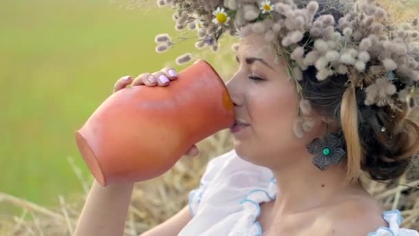 Jeune belle fille est boire du lait d'une cruche sur la nature — Video