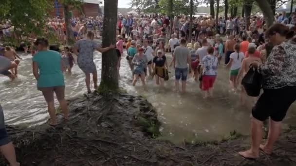 SLAVGOROD, BELARUS - 14 AOÛT : The Blue Krynica. pèlerinage de masse pour la guérison à Honey Spas. Les gens plongent dans l'eau glacée et remontent le courant sur la tradition des fêtes août 14, 2016 à Slavgorod, Biélorussie  . — Video