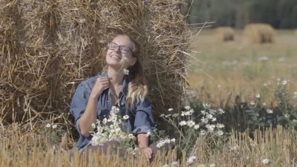 Girl sitting in the straw stack and guesses on camomile — Stock Video