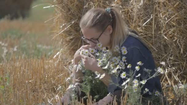 Meisje in een veld in de buurt van de stapels van stro met een boeket van witte madeliefjes — Stockvideo
