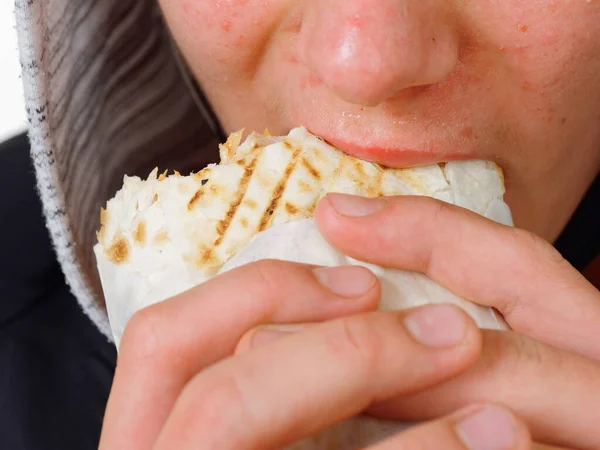 Portrait Pimply Teenager Eating Fast Food Shawarma 2020 — Stock Photo, Image