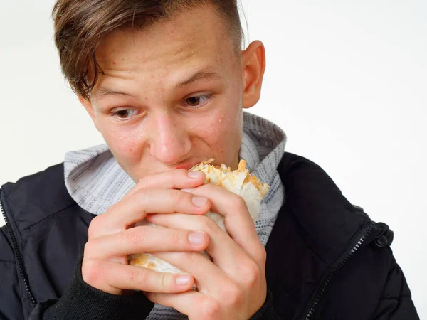 Portrait Pimply Teenager Eating Fast Food Shawarma 2020 — Stock Photo, Image