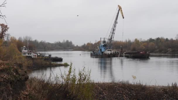 Gomel Belarus November 2020 River Excavator Crane Works River Deepen — Stock Video