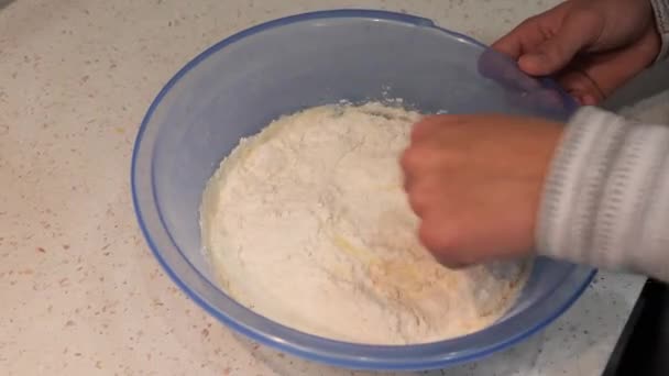 Zubereitung Von Rohen Pfannkuchen Teig Kneten — Stockvideo