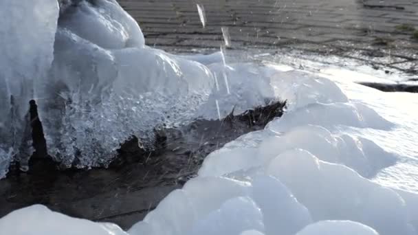 A água derrama da primavera no inverno e congela — Vídeo de Stock