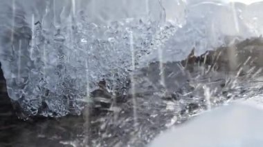 Kışın pınardan su akar ve donar.