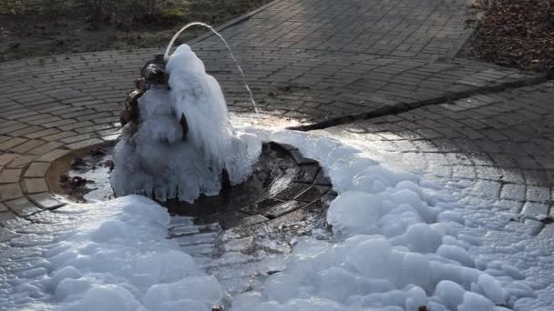A água derrama da primavera no inverno e congela — Vídeo de Stock