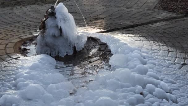 A água derrama da primavera no inverno e congela — Vídeo de Stock