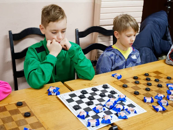Gomel Belarus December 2020 Festive New Year Checkers Tournament Children — Stock Photo, Image